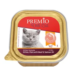 Premio -  שימורי מזון מלא 95 גרם לחתלתולים בטעם בקר וסלמון פטה