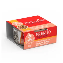 Premio - שימורי מזון מלא ומאוזן 85 גרם לחתלתולים בטעם עוף, סלמון ופפאיה במרקם פטה