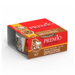 Premio - שימורי מזון מלא ומאוזן 85 גרם לחתלתולים בטעם עוף, סלמון וקוקוס במרקם פטה