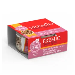 Premio - שימורי מזון מלא ומאוזן 85 גרם לחתול בוגר בטעם עוף, טונה וחמוציות במרקם פטה