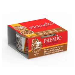 Premio - שימורי מזון מלא ומאוזן 85 גרם לחתלתולים בטעם עוף, סלמון וקוקוס ברוטב